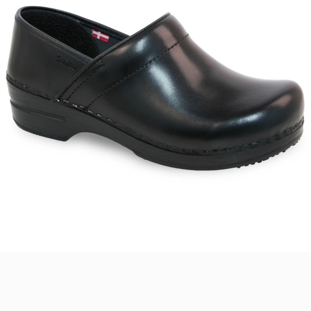 Sanita Black Leather Clogs
